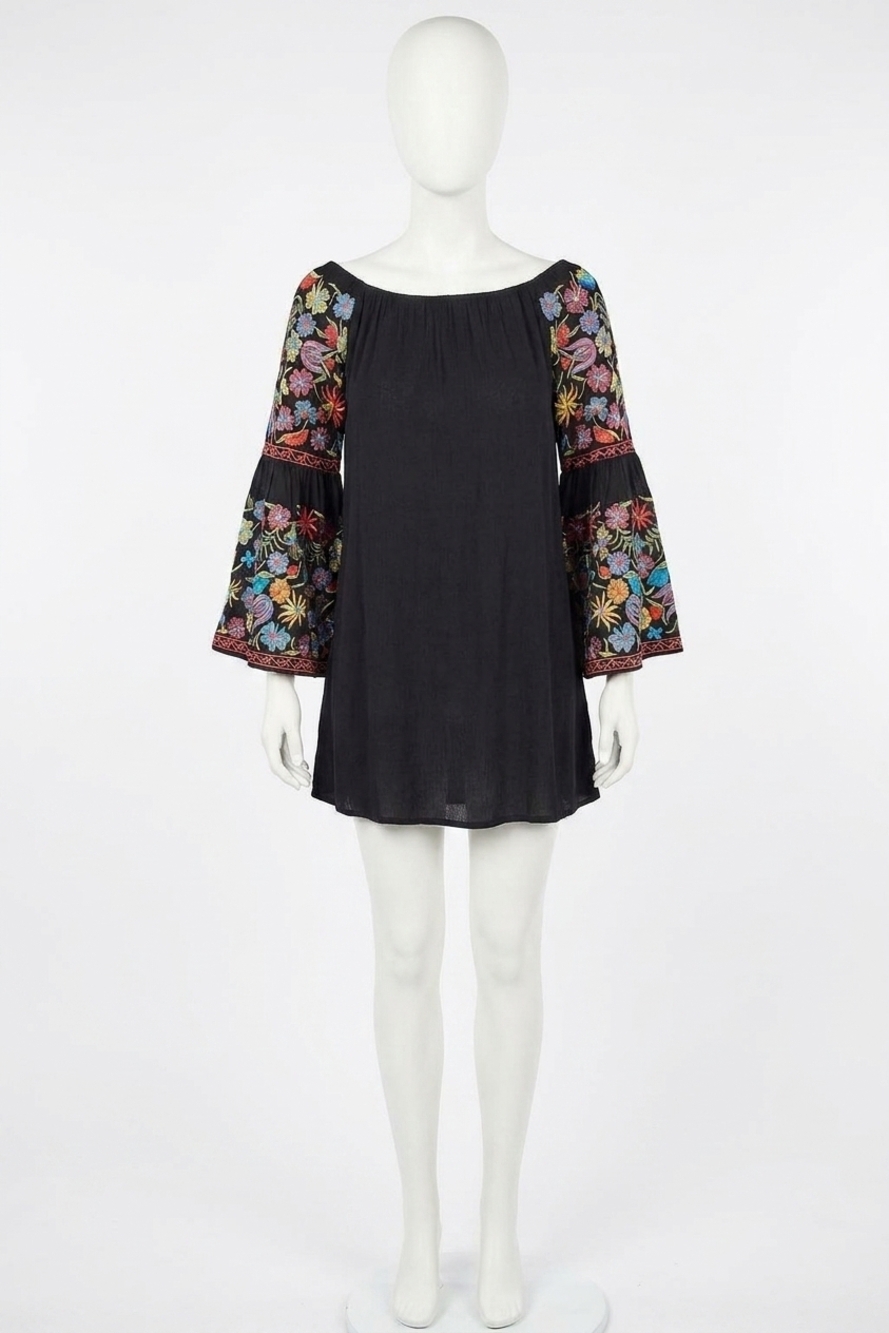 NEW VELZERA floral embroidered off the shoulder mini dress in black